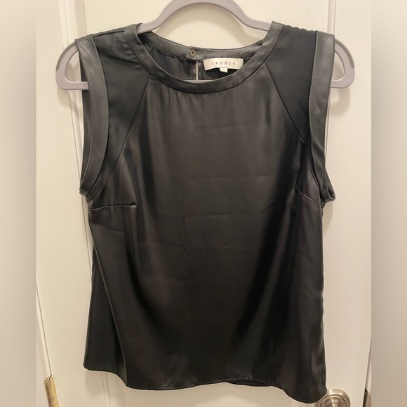 Gorgeous Sandro Black Satin/Silky Short Sleeve Top/Blouse - Picture 1 of 5